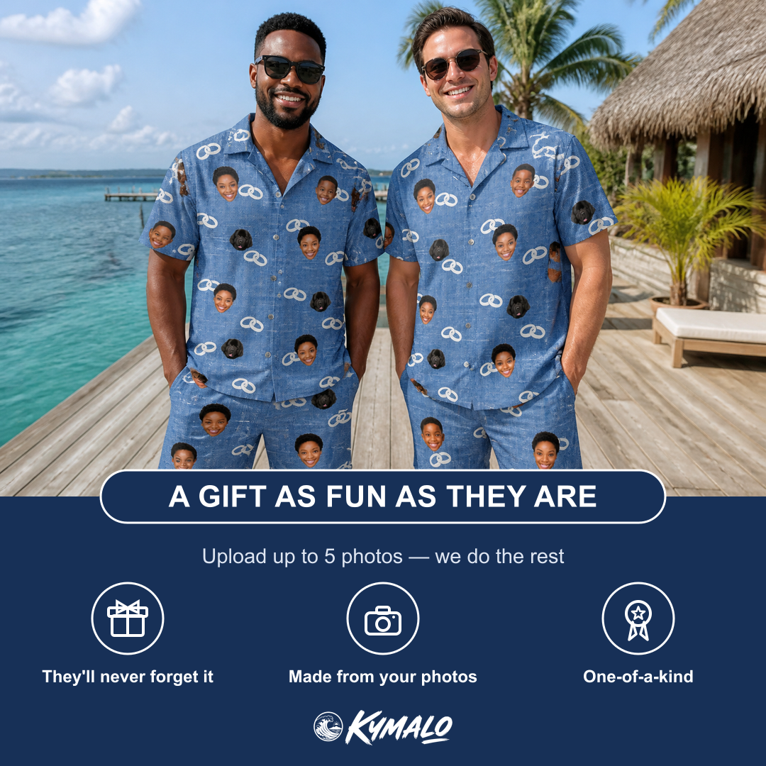 Friends in matching Men's Foreshore Forever Custom Face Shirt & Shorts Set — a group gift photo