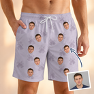 Man wearing Men's Coquina Concerto Custom Face Beach Shorts — custom faces printed all-over