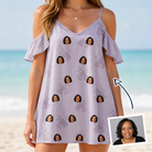 Woman wearing Women's Coquina Concerto Custom Face Off-Shoulder Dress — custom faces printed all-over
