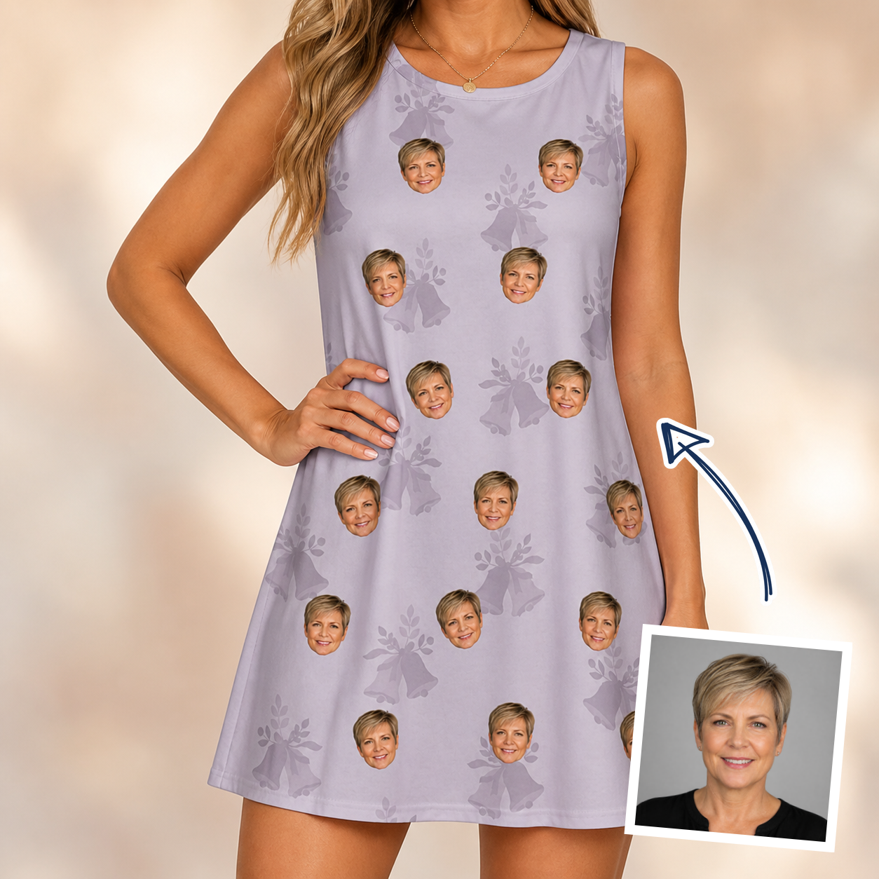 Woman wearing Women's Coquina Concerto Custom Face Tank Dress — custom faces printed all-over