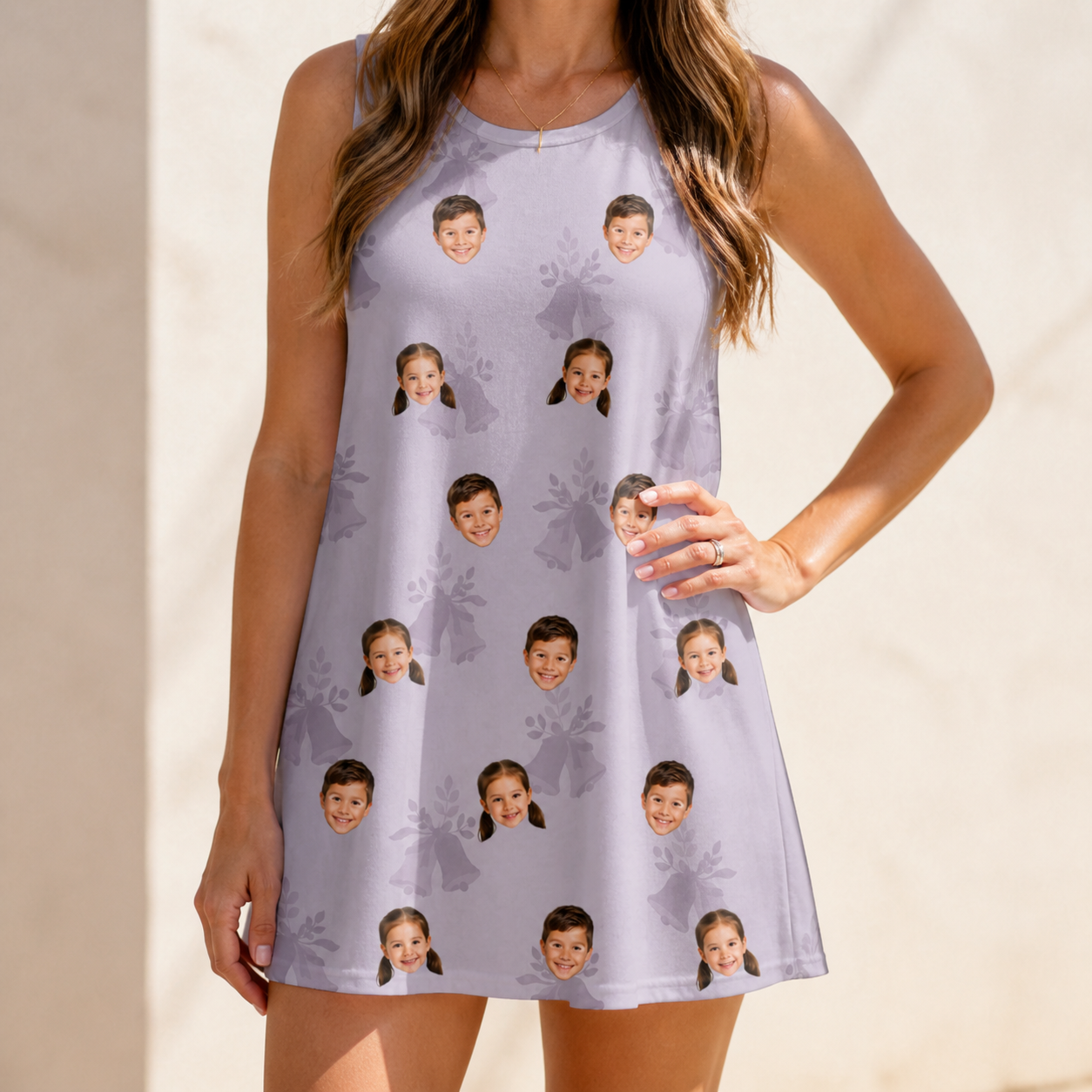 Model wearing Women's Coquina Concerto Custom Face Tank Dress printed with kids' faces
