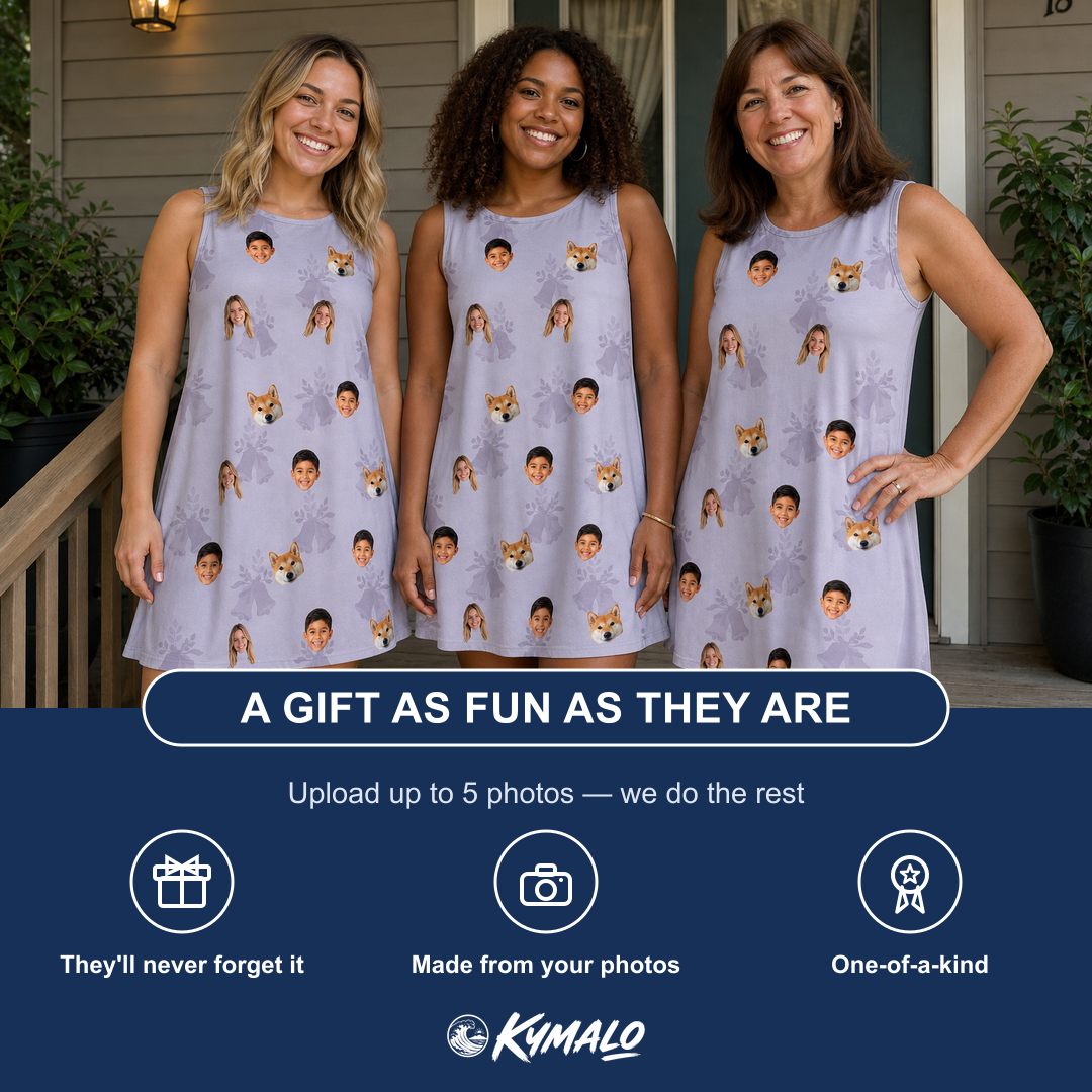 Friends in matching Women's Coquina Concerto Custom Face Tank Dress — a group gift photo