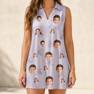 Model wearing Women's Coquina Concerto Custom Face V-Neck Dress printed with kids' faces