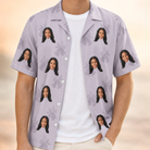 Man wearing Men's Coquina Concerto Custom Face Hawaiian Shirt open over a white tee
