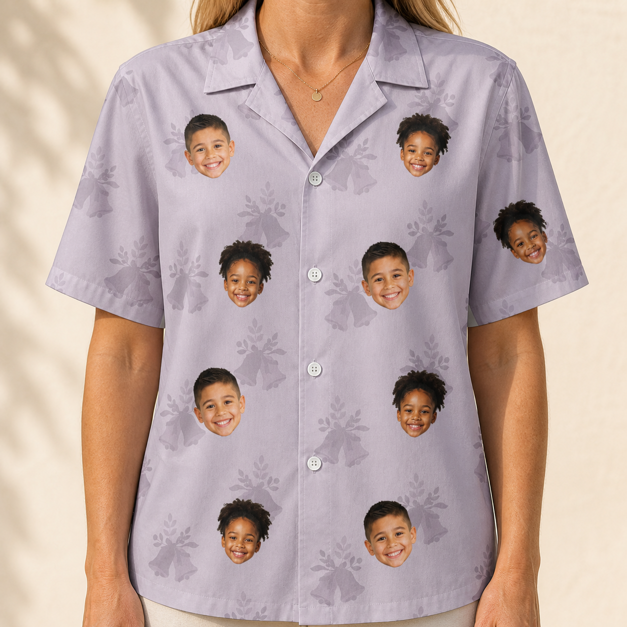 Model wearing Women's Coquina Concerto Custom Face Hawaiian Shirt printed with kids' faces