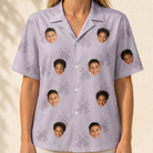 Model wearing Women's Coquina Concerto Custom Face Hawaiian Shirt printed with kids' faces