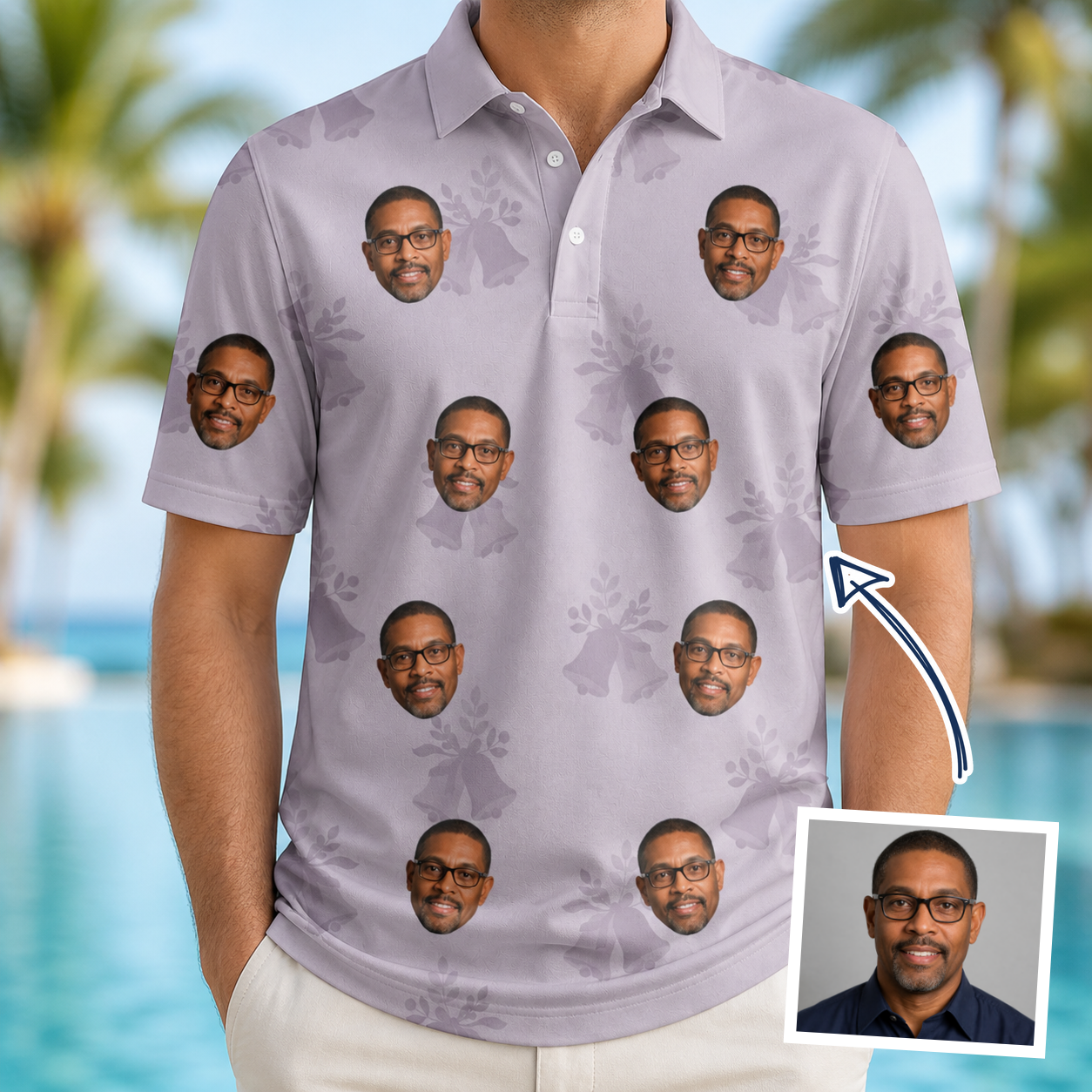 Man wearing Men's Coquina Concerto Custom Face Polo Shirt — custom faces printed all-over