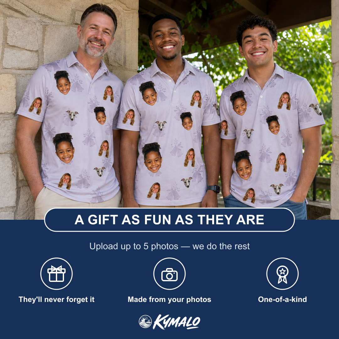 Friends in matching Men's Coquina Concerto Custom Face Polo Shirt — a group gift photo
