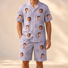 Model wearing Men's Coquina Concerto Custom Face Shirt & Shorts Set printed with kids' faces