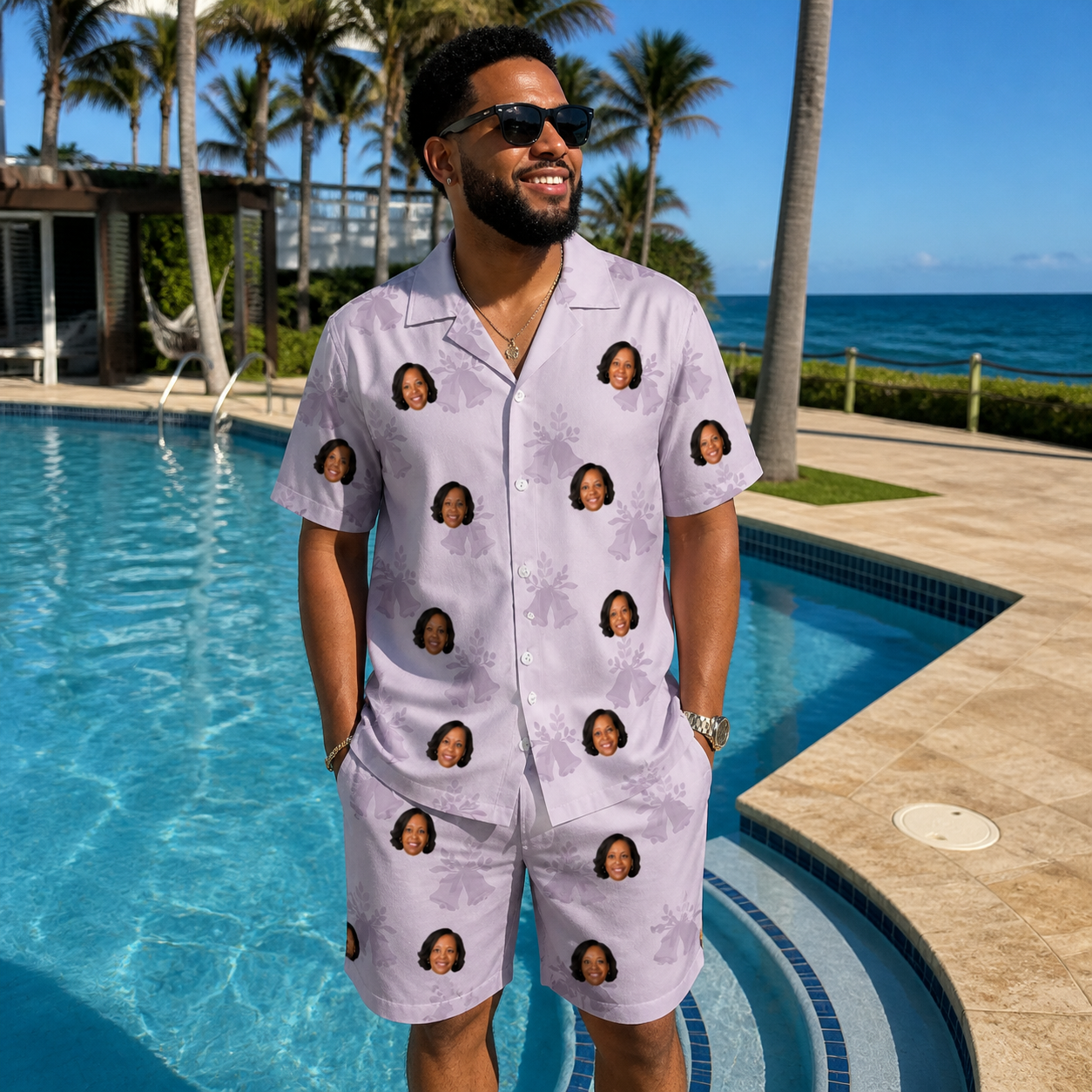 Real-life photo of someone wearing Men's Coquina Concerto Custom Face Shirt & Shorts Set — custom faces printed all-over
