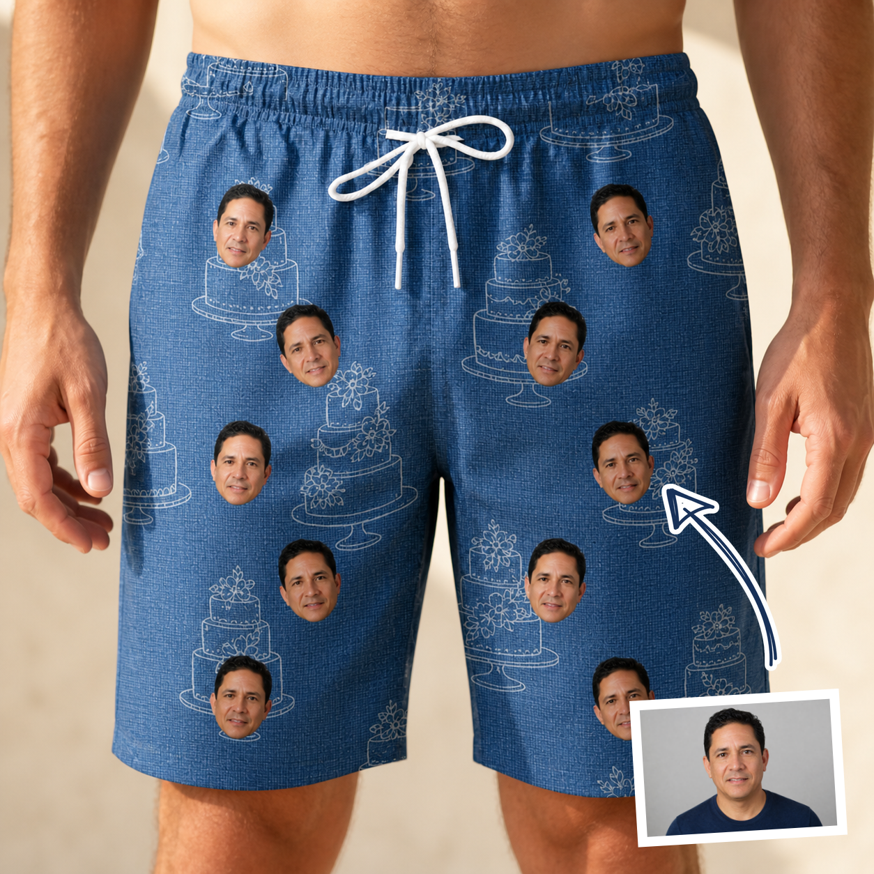 Man wearing Men's Fondant Foam Custom Face Beach Shorts — custom faces printed all-over