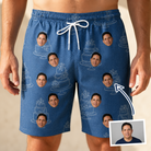 Man wearing Men's Fondant Foam Custom Face Beach Shorts — custom faces printed all-over