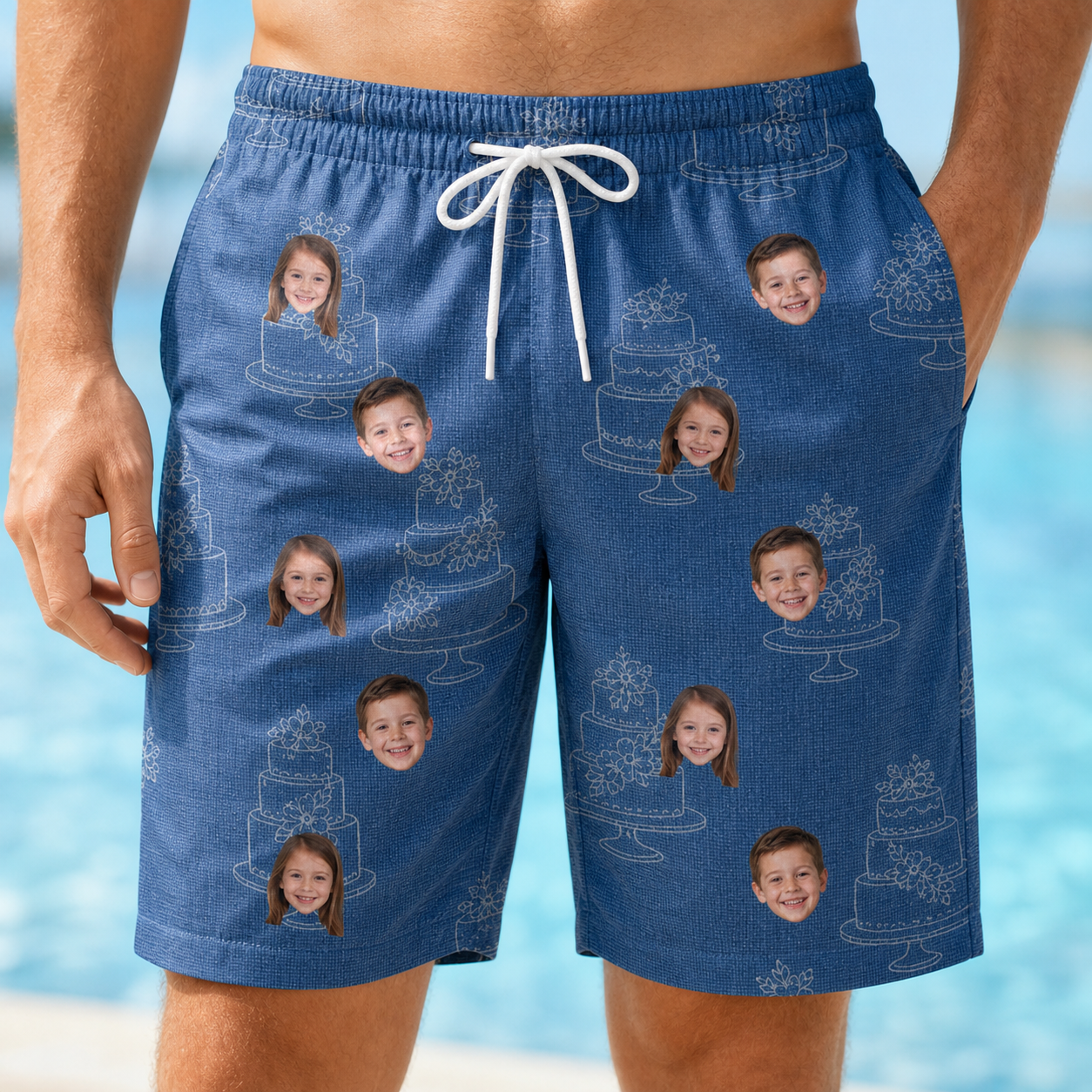 Model wearing Men's Fondant Foam Custom Face Beach Shorts printed with kids' faces