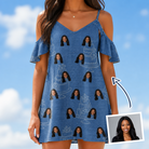 Woman wearing Women's Fondant Foam Custom Face Off-Shoulder Dress — custom faces printed all-over