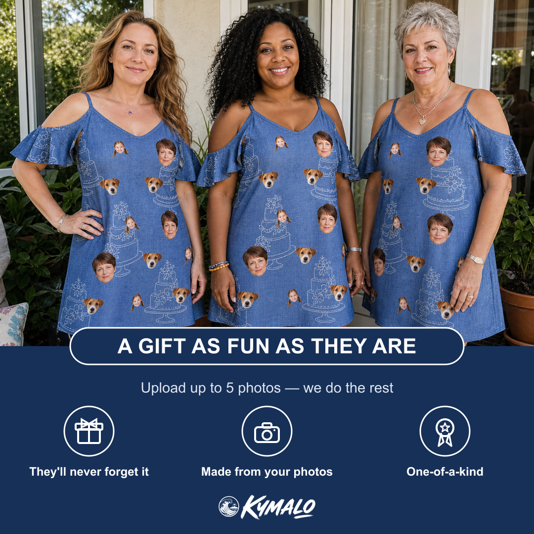 Friends in matching Women's Fondant Foam Custom Face Off-Shoulder Dress — a group gift photo