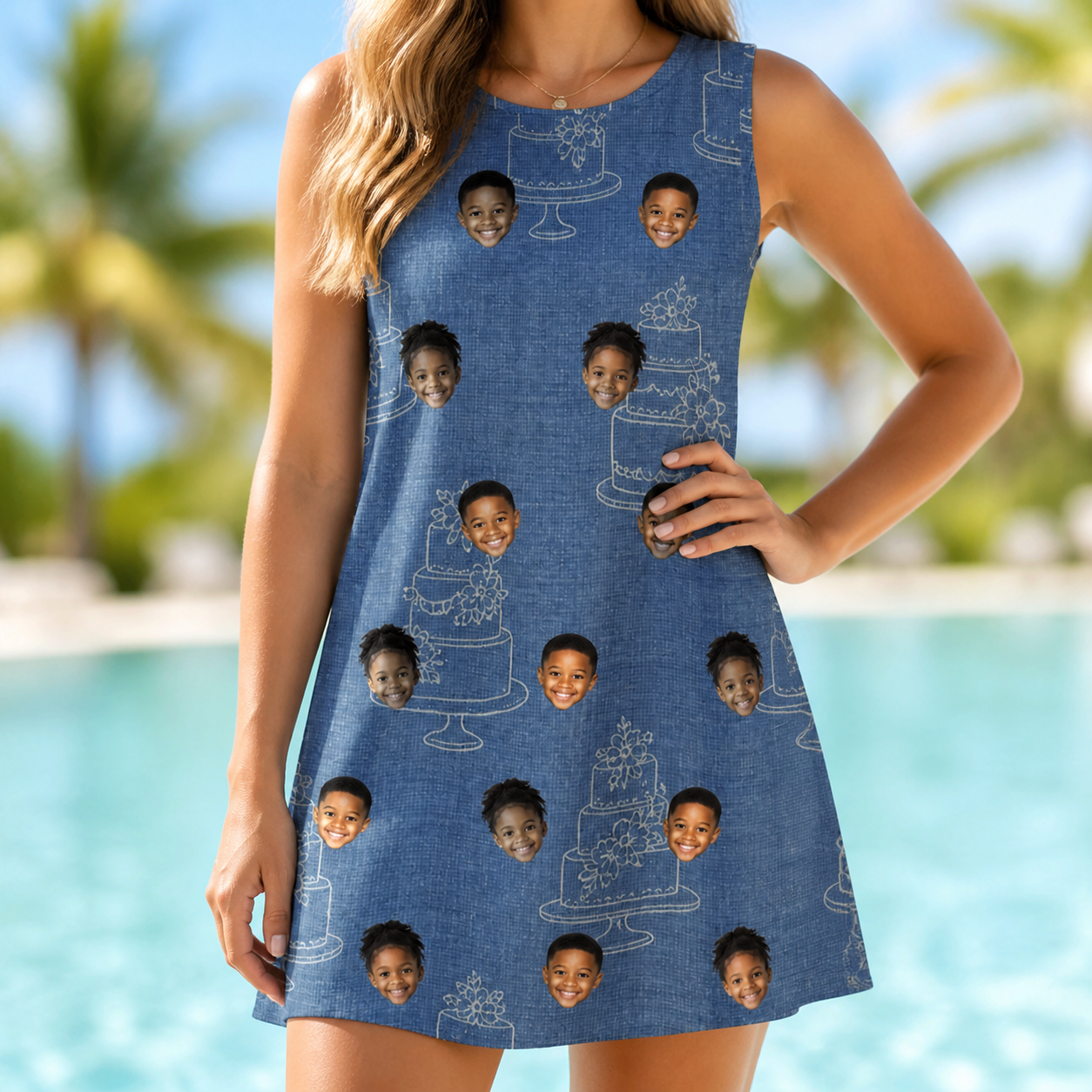 Model wearing Women's Fondant Foam Custom Face Tank Dress printed with kids' faces