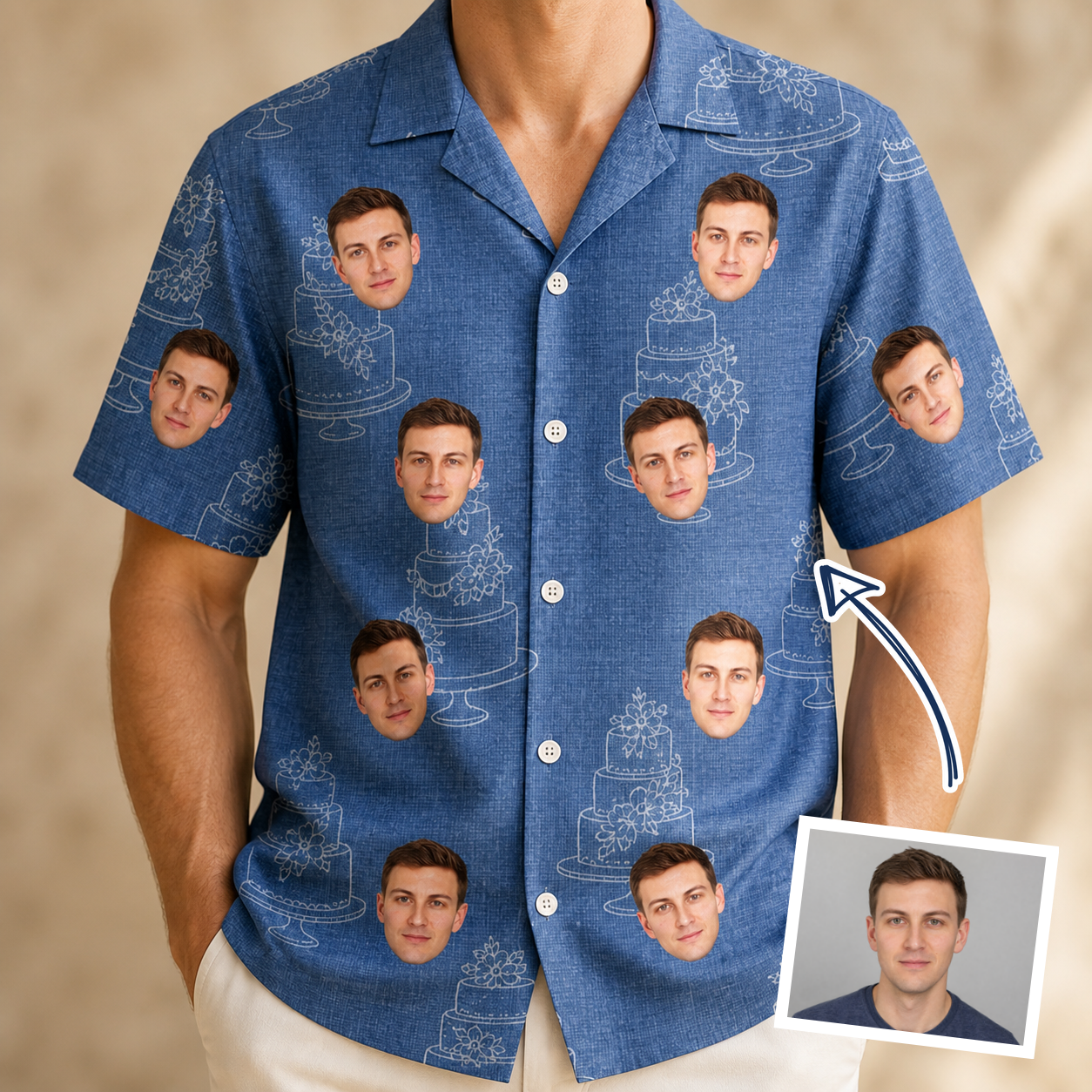 Man wearing Men's Fondant Foam Custom Face Hawaiian Shirt — custom faces printed all-over