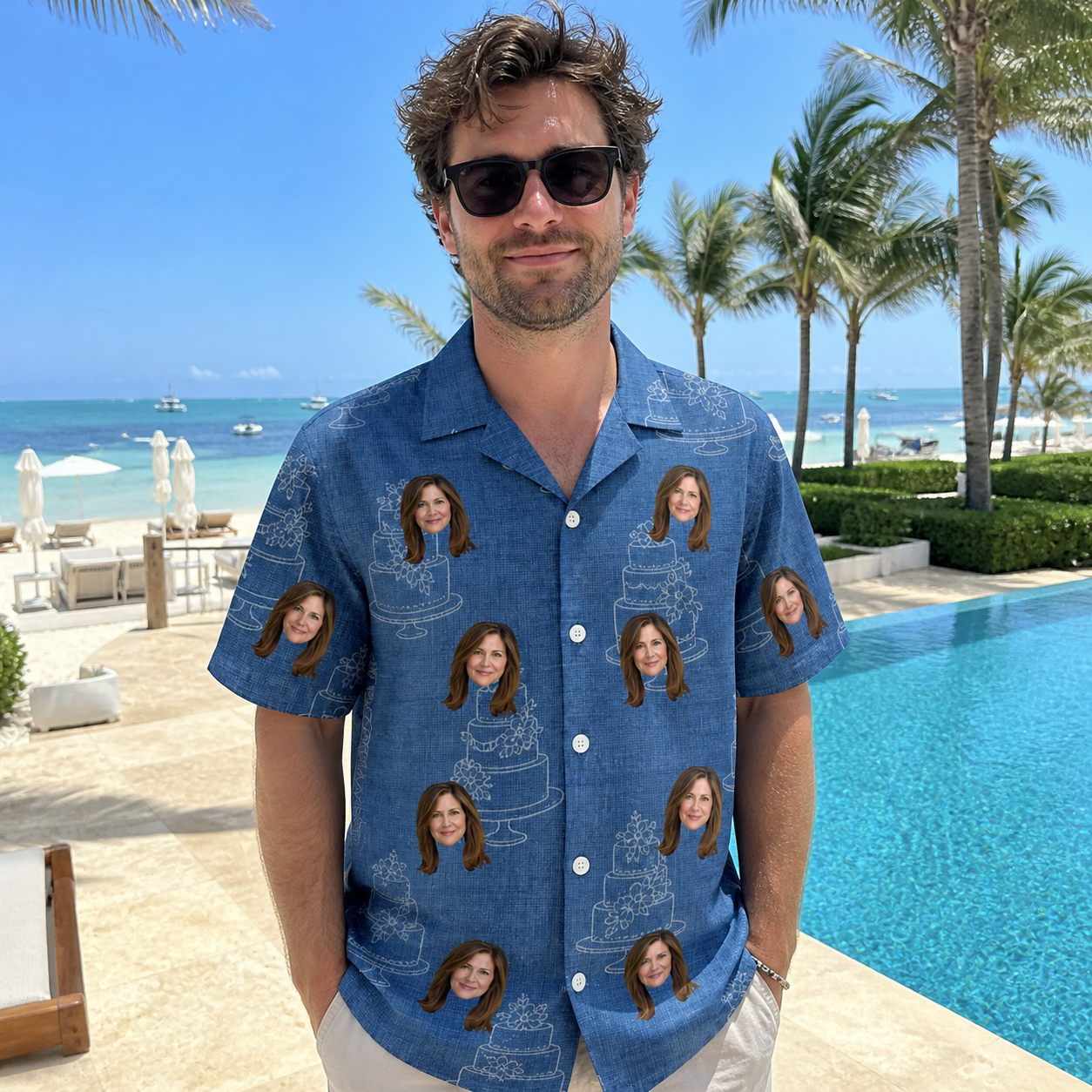 Real-life photo of someone wearing Men's Fondant Foam Custom Face Hawaiian Shirt — custom faces printed all-over