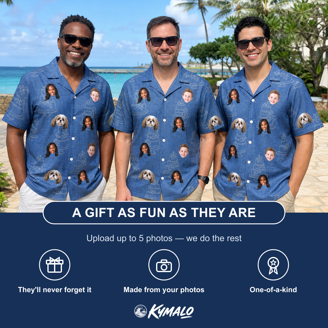 Friends in matching Men's Fondant Foam Custom Face Hawaiian Shirt — a group gift photo