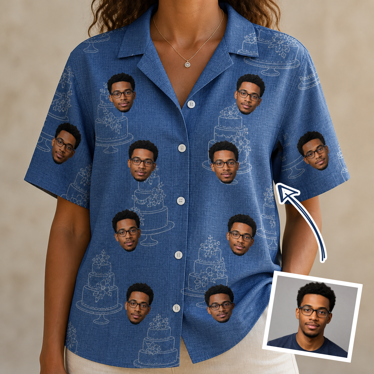Woman wearing Women's Fondant Foam Custom Face Hawaiian Shirt — custom faces printed all-over