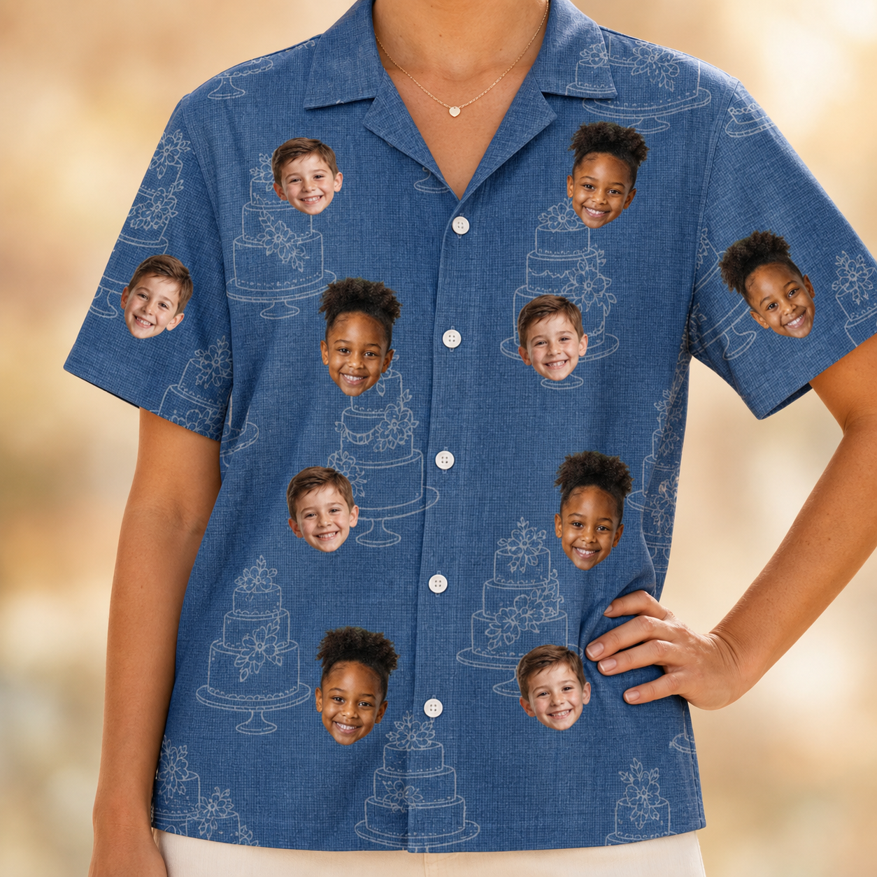Model wearing Women's Fondant Foam Custom Face Hawaiian Shirt printed with kids' faces