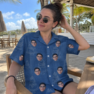Real-life photo of someone wearing Women's Fondant Foam Custom Face Hawaiian Shirt — custom faces printed all-over