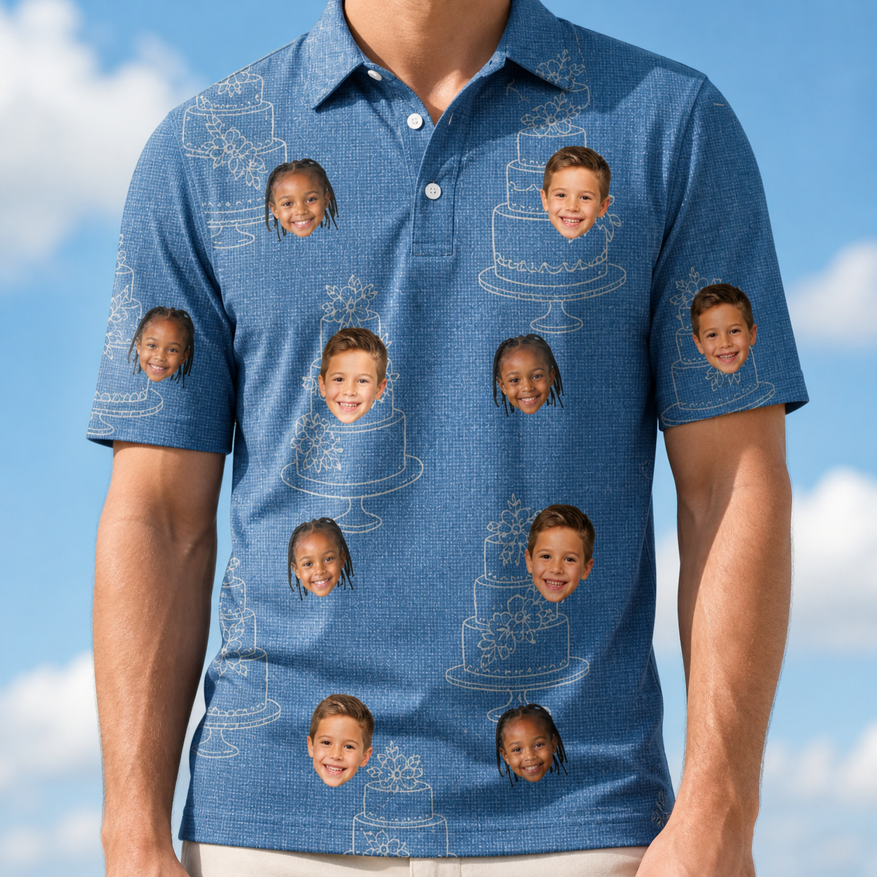 Model wearing Men's Fondant Foam Custom Face Polo Shirt printed with kids' faces
