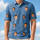 Model wearing Men's Fondant Foam Custom Face Polo Shirt printed with kids' faces