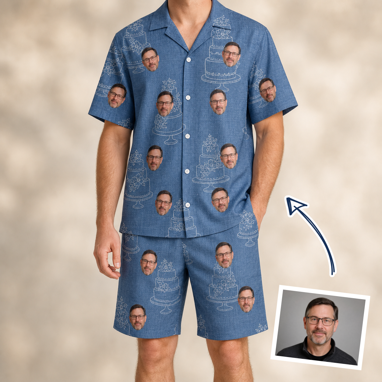 Man wearing Men's Fondant Foam Custom Face Shirt & Shorts Set — custom faces printed all-over