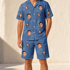 Model wearing Men's Fondant Foam Custom Face Shirt & Shorts Set printed with kids' faces