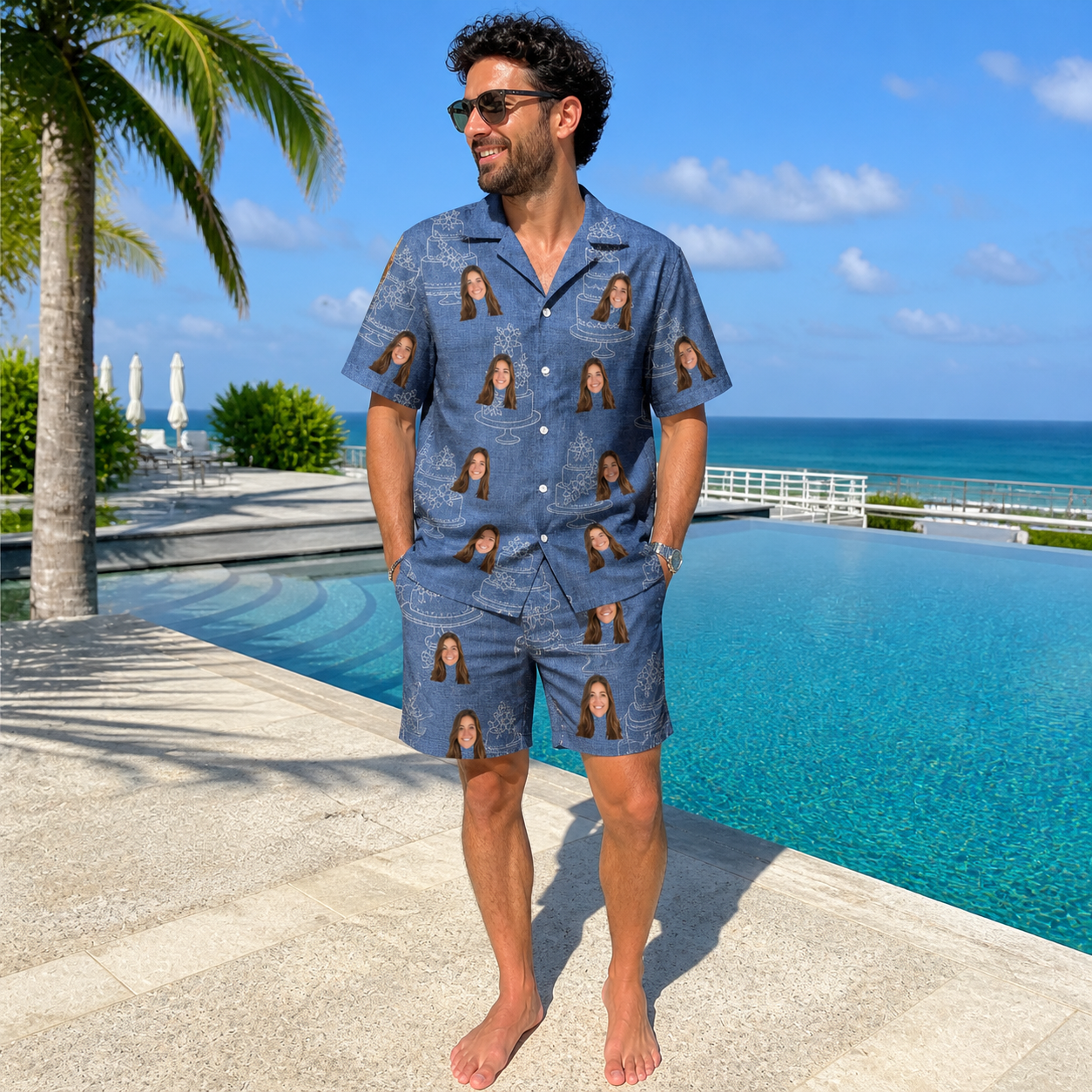 Real-life photo of someone wearing Men's Fondant Foam Custom Face Shirt & Shorts Set — custom faces printed all-over