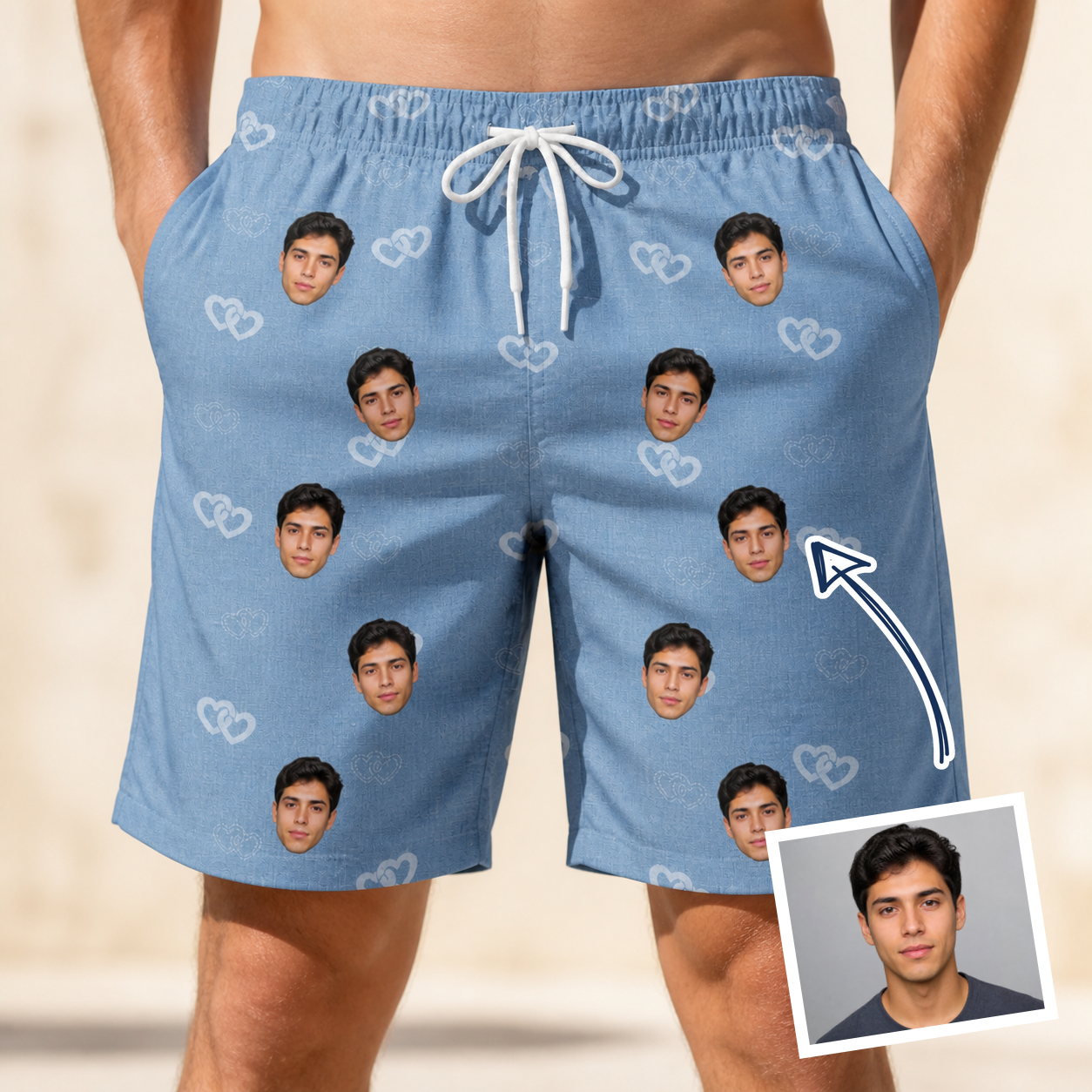 Man wearing Men's Interlaced Isles Custom Face Beach Shorts — custom faces printed all-over