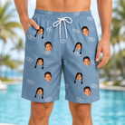 Model wearing Men's Interlaced Isles Custom Face Beach Shorts printed with kids' faces