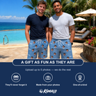 Friends in matching Men's Interlaced Isles Custom Face Beach Shorts — a group gift photo