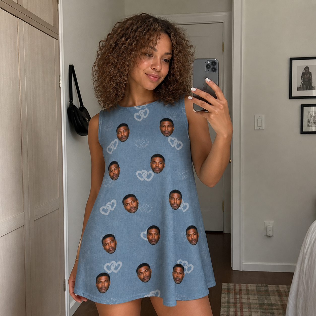 Real-life photo of someone wearing Women's Interlaced Isles Custom Face Tank Dress — custom faces printed all-over