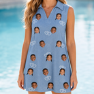 Model wearing Women's Interlaced Isles Custom Face V-Neck Dress printed with kids' faces