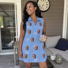 Real-life photo of someone wearing Women's Interlaced Isles Custom Face V-Neck Dress — custom faces printed all-over