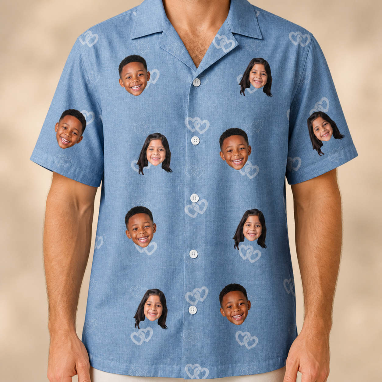 Model wearing Men's Interlaced Isles Custom Face Hawaiian Shirt printed with kids' faces