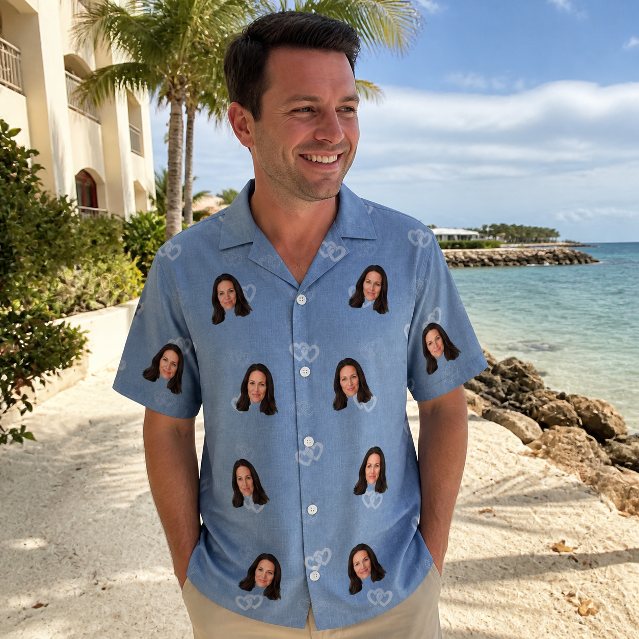 Real-life photo of someone wearing Men's Interlaced Isles Custom Face Hawaiian Shirt — custom faces printed all-over