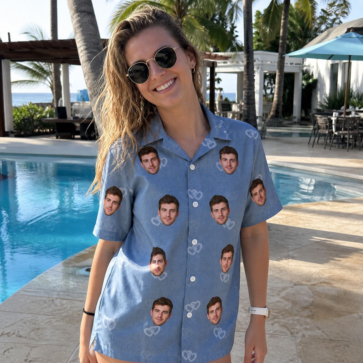 Real-life photo of someone wearing Women's Interlaced Isles Custom Face Hawaiian Shirt — custom faces printed all-over