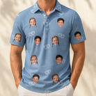 Model wearing Men's Interlaced Isles Custom Face Polo Shirt printed with kids' faces