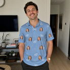 Real-life photo of someone wearing Men's Interlaced Isles Custom Face Polo Shirt — custom faces printed all-over