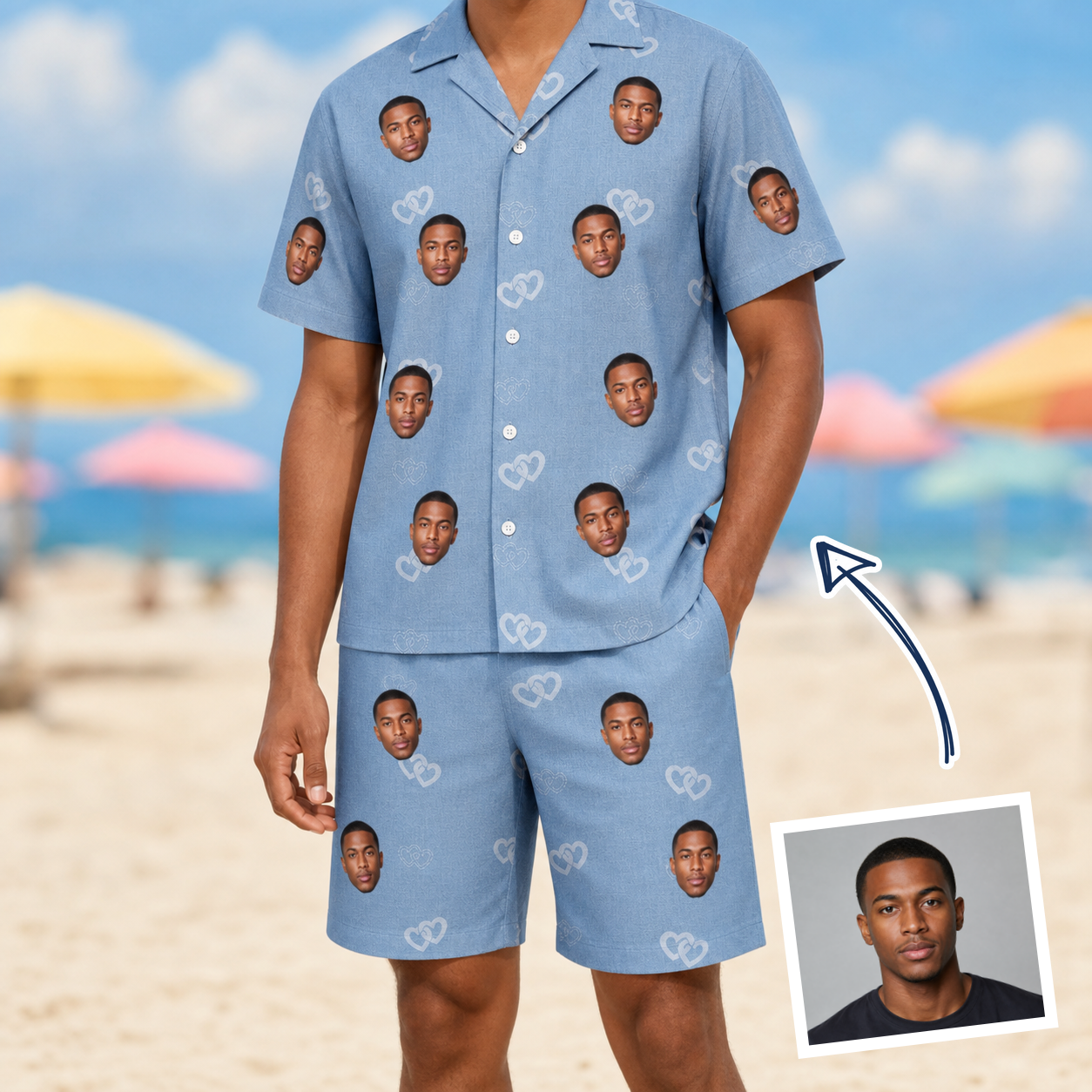 Man wearing Men's Interlaced Isles Custom Face Shirt & Shorts Set — custom faces printed all-over