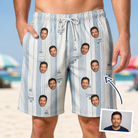 Man wearing Men's Buttercream Boardwalk Custom Face Beach Shorts — custom faces printed all-over