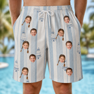 Model wearing Men's Buttercream Boardwalk Custom Face Beach Shorts printed with kids' faces
