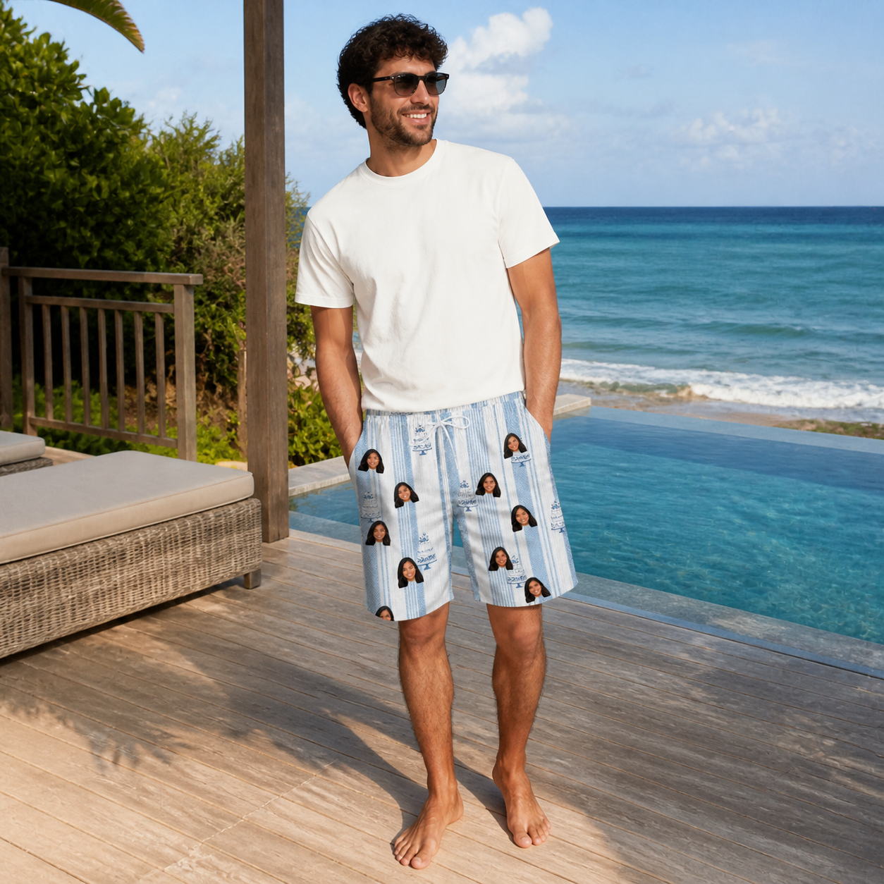 Real-life photo of someone wearing Men's Buttercream Boardwalk Custom Face Beach Shorts — custom faces printed all-over