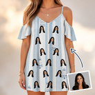 Woman wearing Women's Buttercream Boardwalk Custom Face Off-Shoulder Dress — custom faces printed all-over