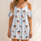 Model wearing Women's Buttercream Boardwalk Custom Face Off-Shoulder Dress printed with kids' faces