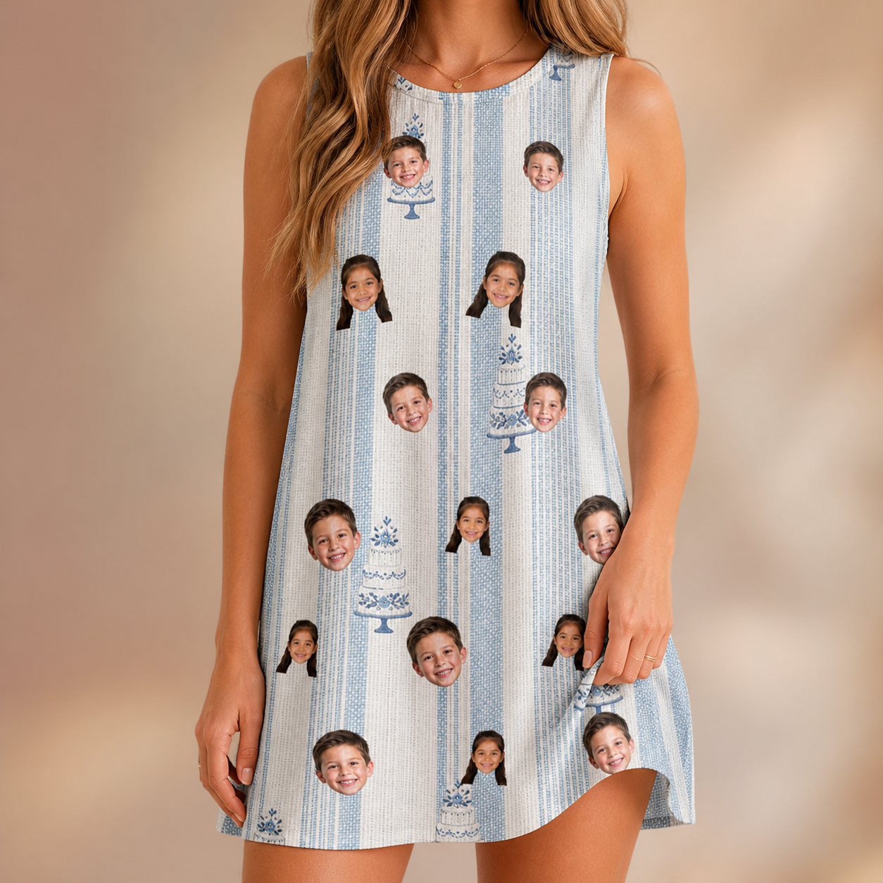 Model wearing Women's Buttercream Boardwalk Custom Face Tank Dress printed with kids' faces
