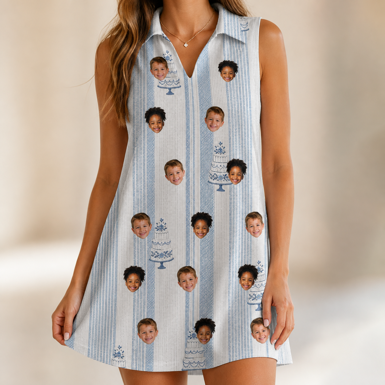 Model wearing Women's Buttercream Boardwalk Custom Face V-Neck Dress printed with kids' faces